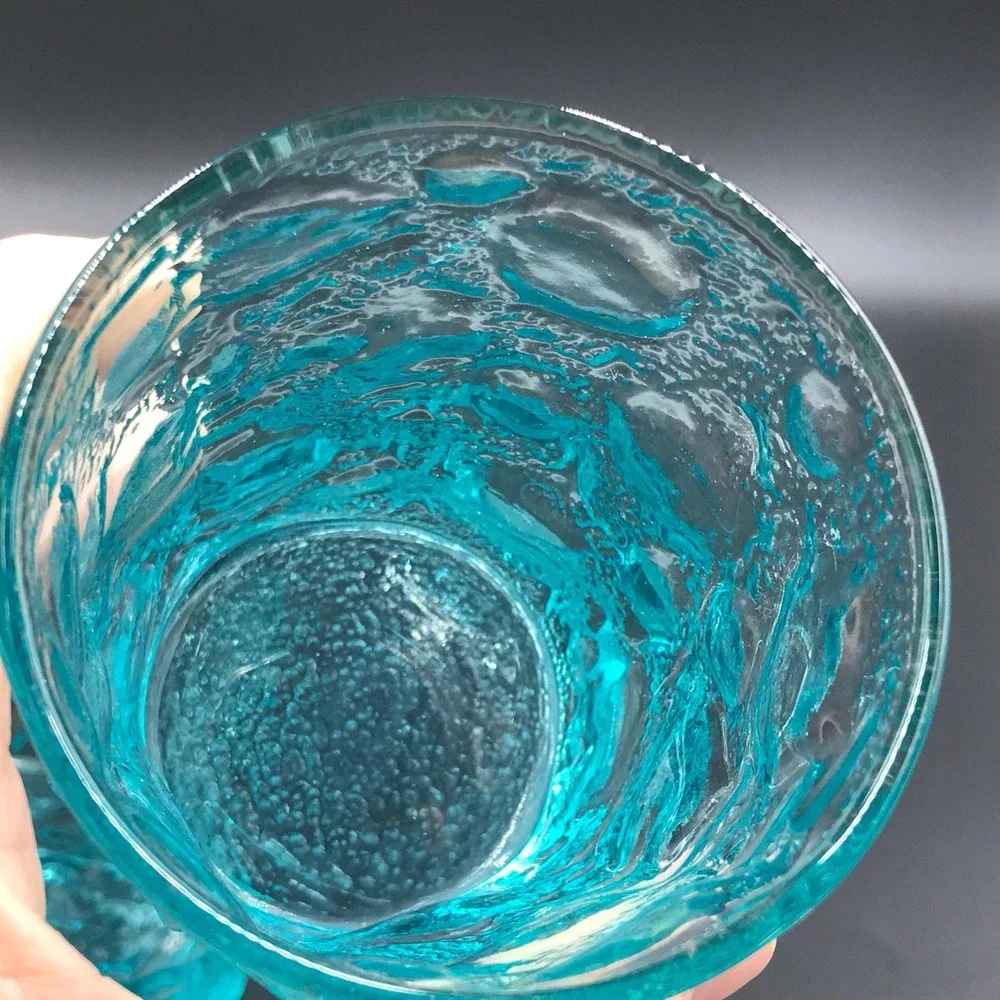 Pair of Anchor Hocking Milano Aqua Blue Glass Flat‎ Tumblers Bark Texture 8 oz